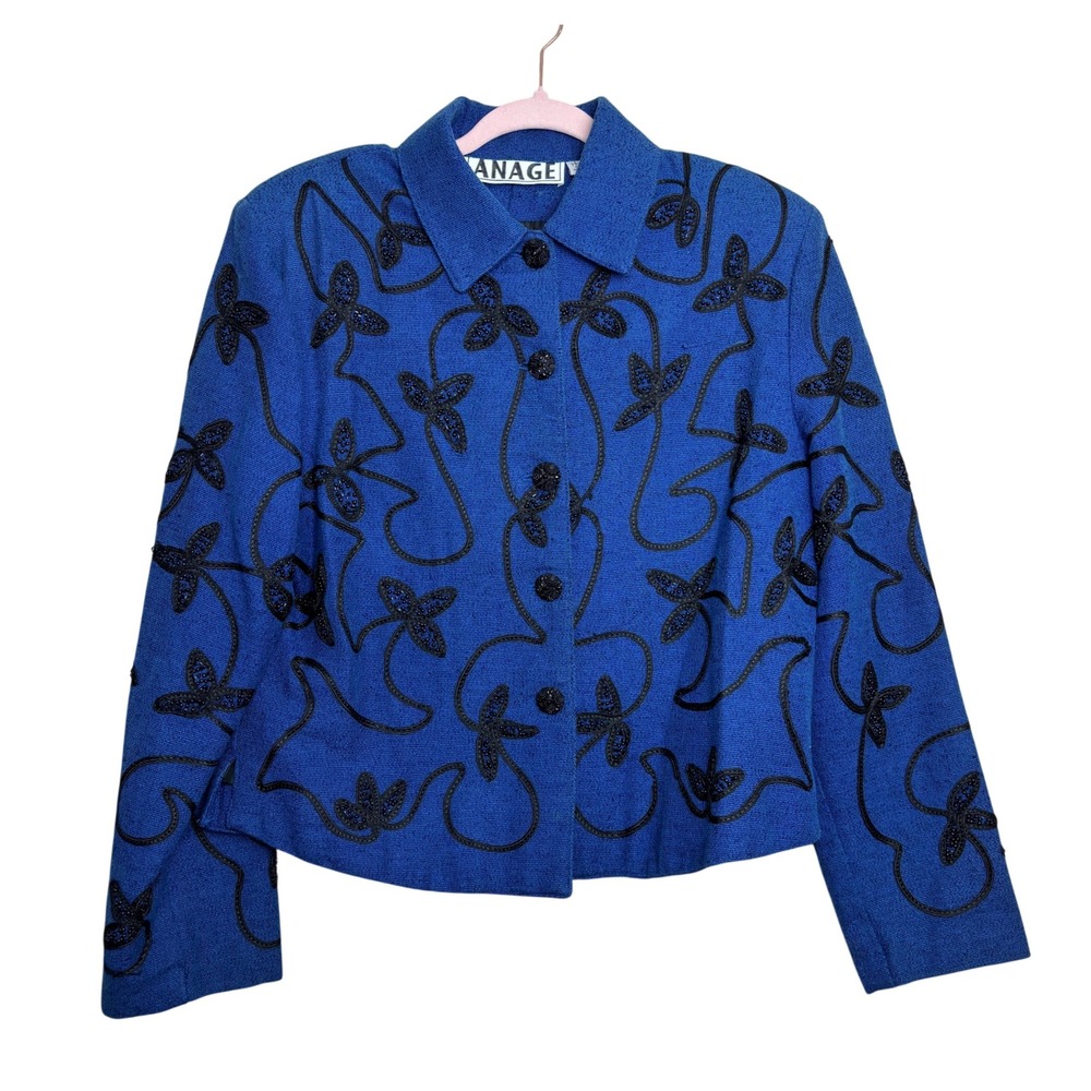Vintage Anage Blue Black Beaded Embroidered Cotton Jacket Womens Medium M‎ Chic